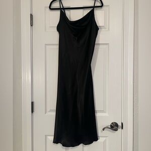 Bebe cowl neck black satin midi dress size large